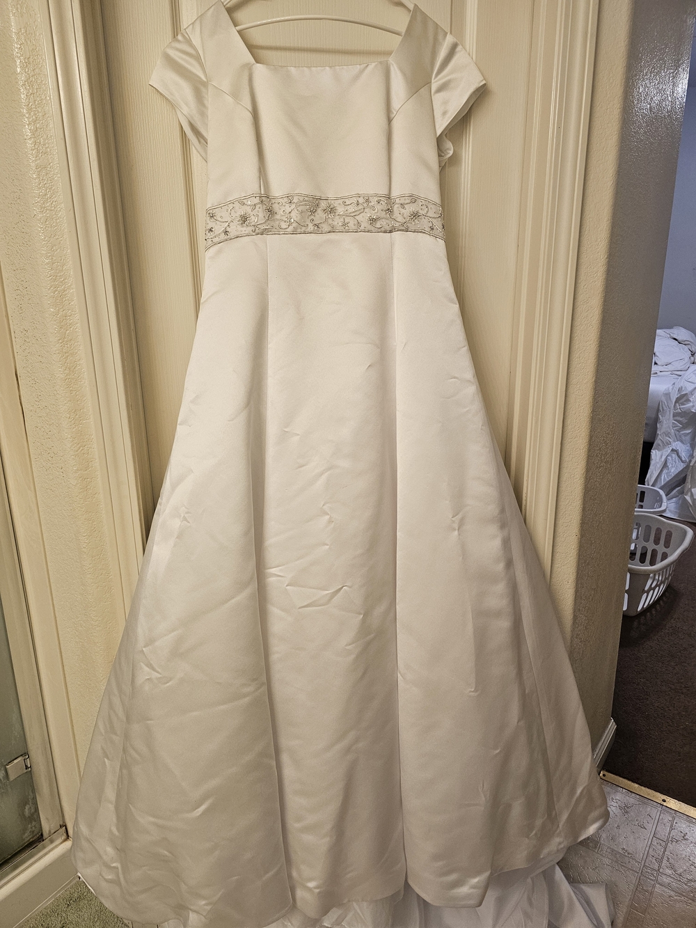 White Satin Cap-Sleeve A-Line Wedding Dress with Beaded Waistband